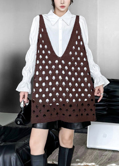 Bohemian Coffee V Neck Hollow Out Cotton Knit Waistcoat Sleeveless