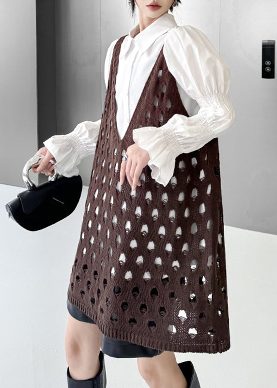 Bohemian Coffee V Neck Hollow Out Cotton Knit Waistcoat Sleeveless