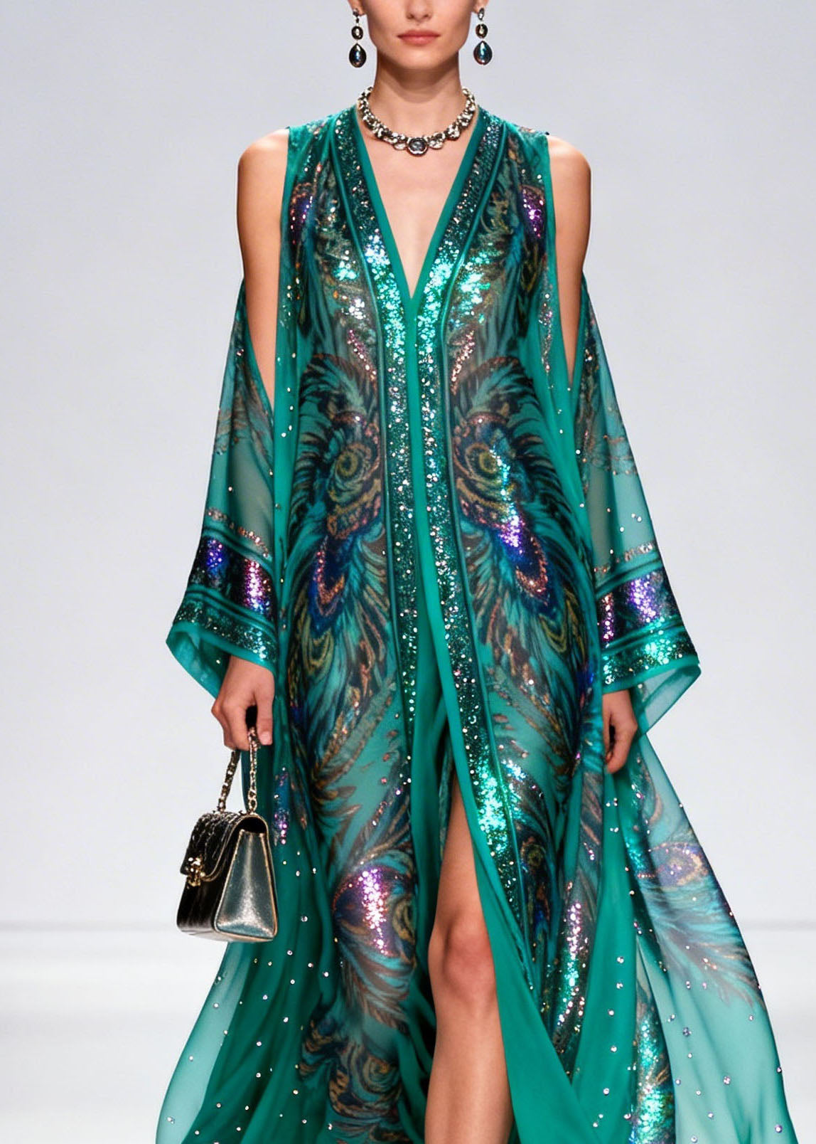 Bohemian Cold Shoulder Print Zircon Chiffon Maxi Dress Summer