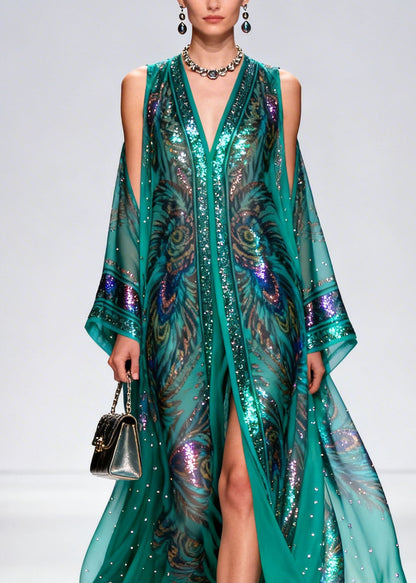 Bohemian Cold Shoulder Print Zircon Chiffon Maxi Dress Summer