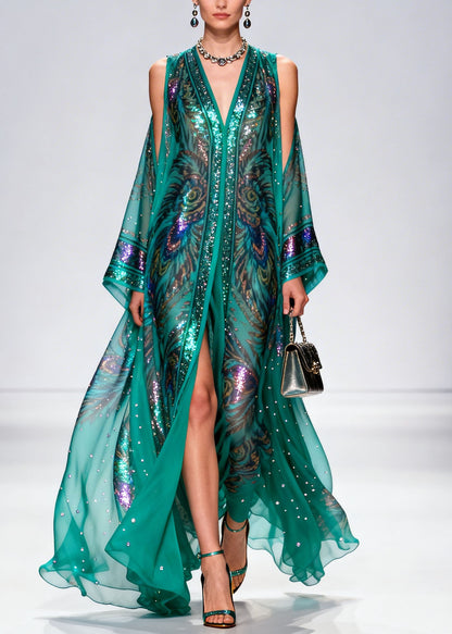 Bohemian Cold Shoulder Print Zircon Chiffon Maxi Dress Summer