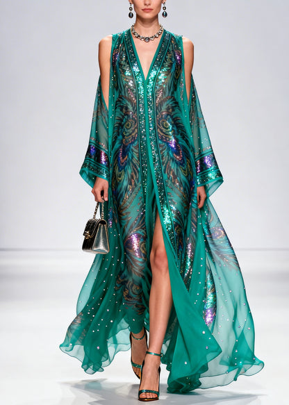 Bohemian Cold Shoulder Print Zircon Chiffon Maxi Dress Summer