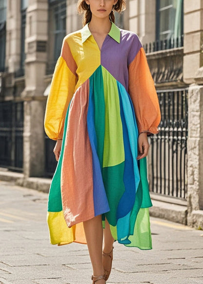 Bohemian Colorblock Asymmetrical Patchwork Cotton Maxi Dresses Spring