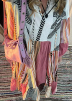 Bohemian Colorblock Lace Up Print Cotton Maxi Dress Long Sleeve