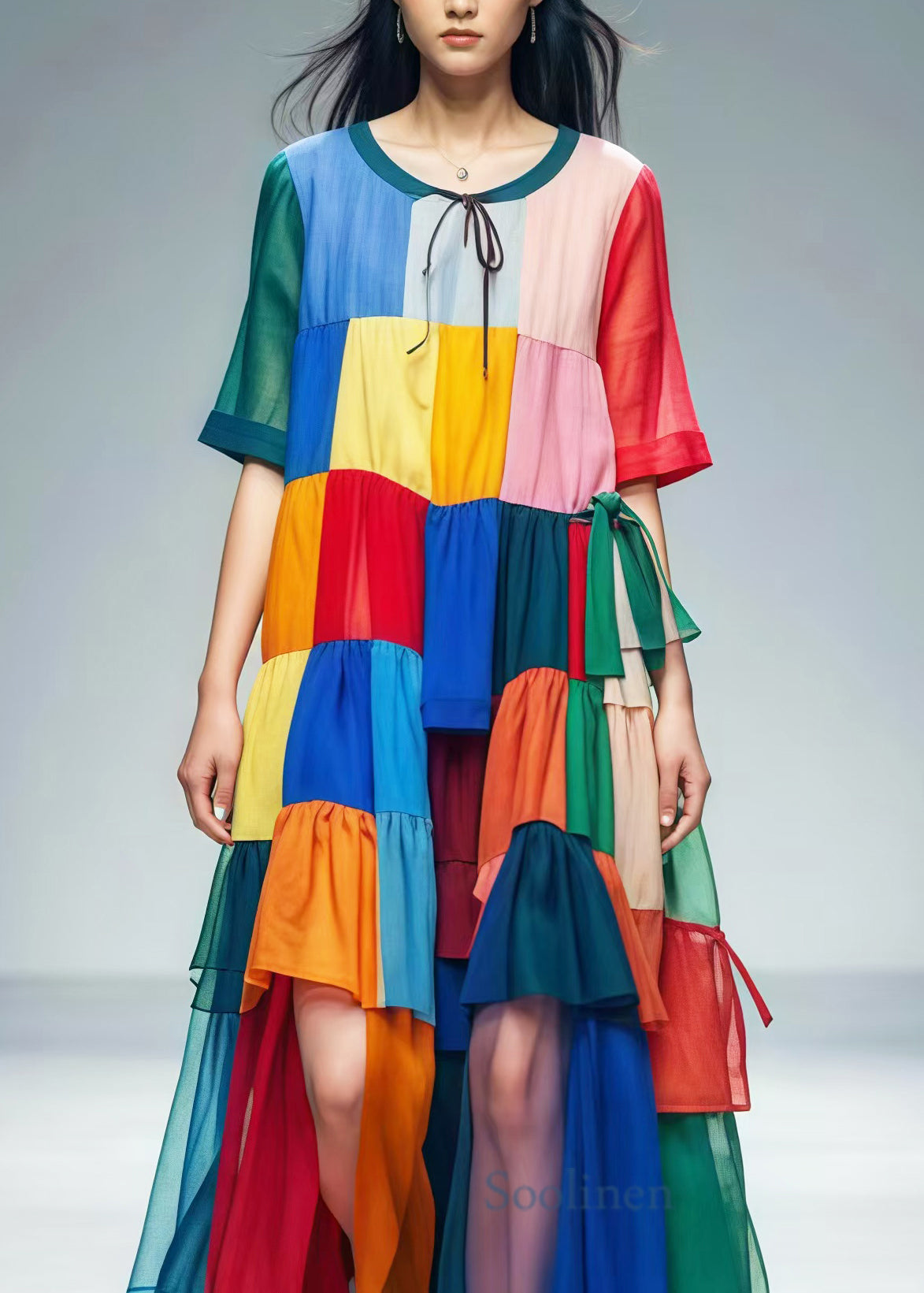 Bohemian Colorblock Oversized Patchwork Tulle Beach Dress Summer