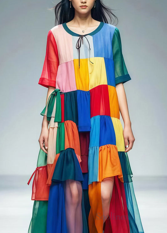 Bohemian Colorblock Oversized Patchwork Tulle Beach Dress Summer