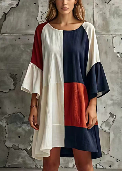 Bohemian Colorblock Patchwork Cotton Beach Dress Flare Sleeve