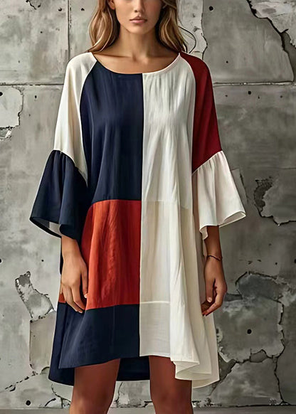 Bohemian Colorblock Patchwork Cotton Beach Dress Flare Sleeve