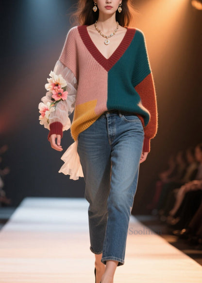 Bohemian Colorblock V Neck Floral Knit Short Sweater Fall