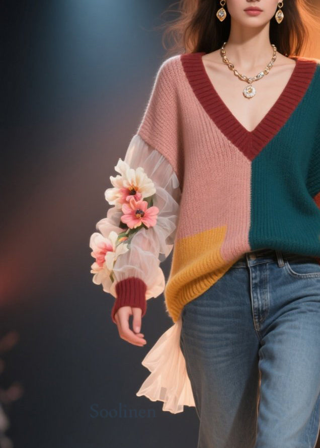 Bohemian Colorblock V Neck Floral Knit Short Sweater Fall