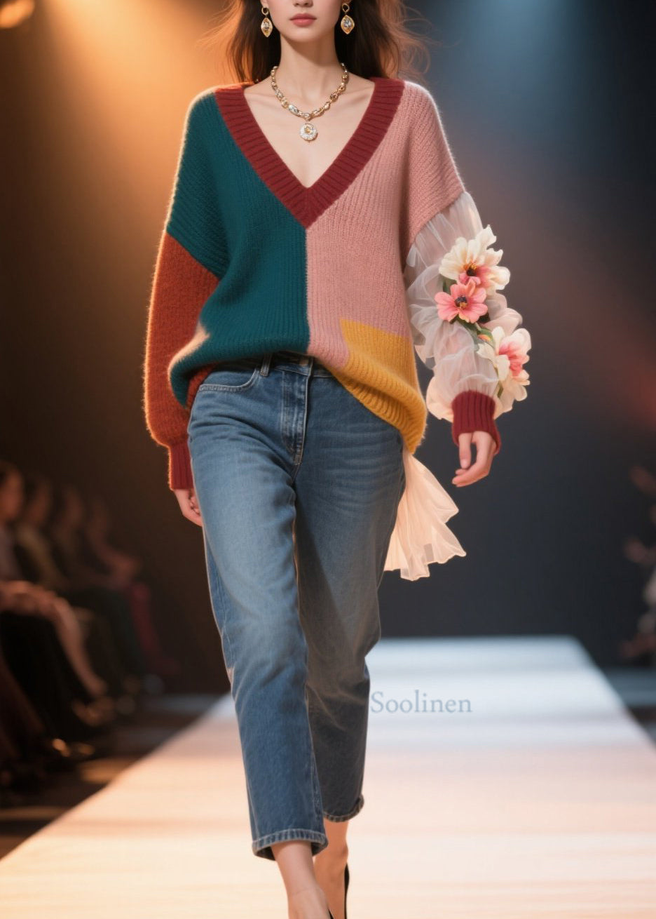 Bohemian Colorblock V Neck Floral Knit Short Sweater Fall