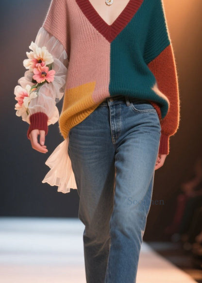 Bohemian Colorblock V Neck Floral Knit Short Sweater Fall