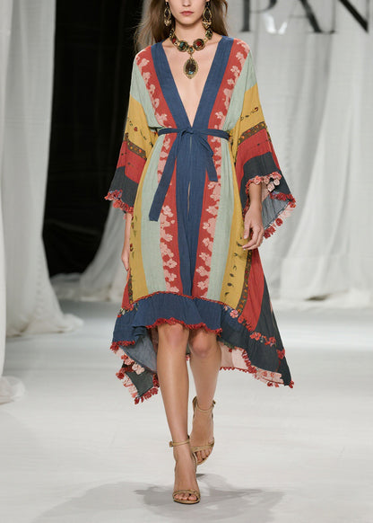 Bohemian Colorblock V Neck Floral Lace Up Cotton Dress Summer