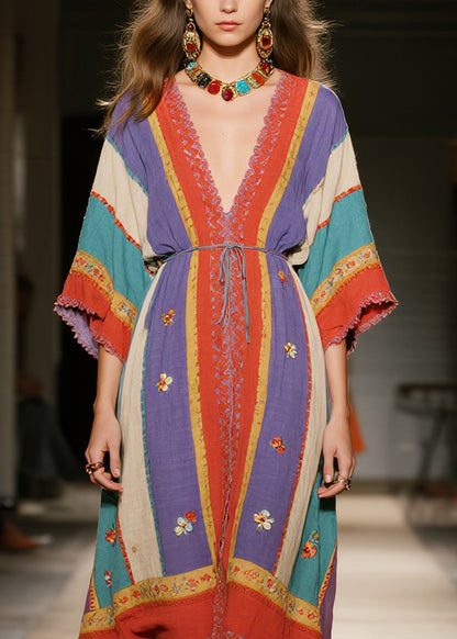 Bohemian Colorblock V Neck Floral Patchwork Cotton Dress Summer