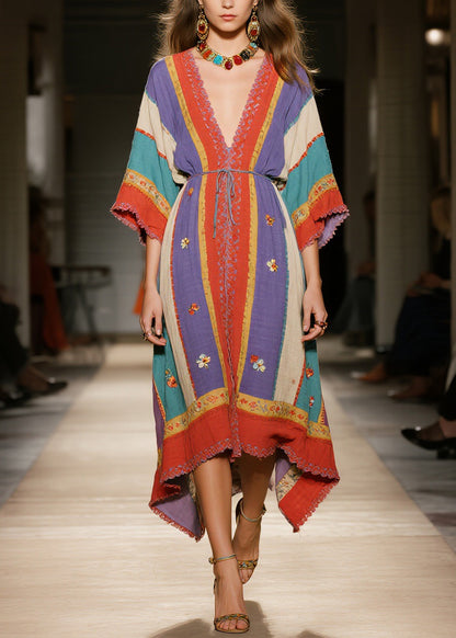 Bohemian Colorblock V Neck Floral Patchwork Cotton Dress Summer