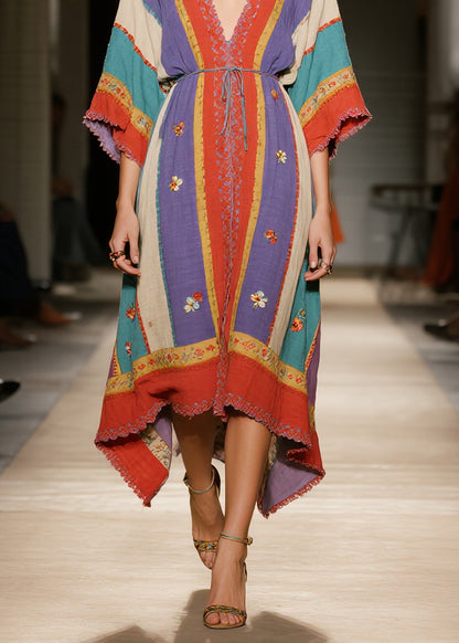 Bohemian Colorblock V Neck Floral Patchwork Cotton Dress Summer