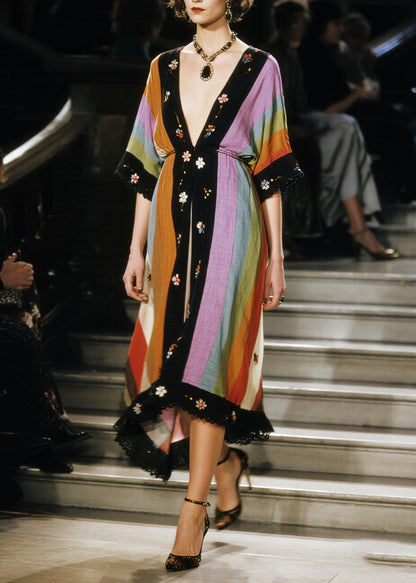 Bohemian Colorblock V Neck Patchwork Cotton Cardigans Half Sleeve