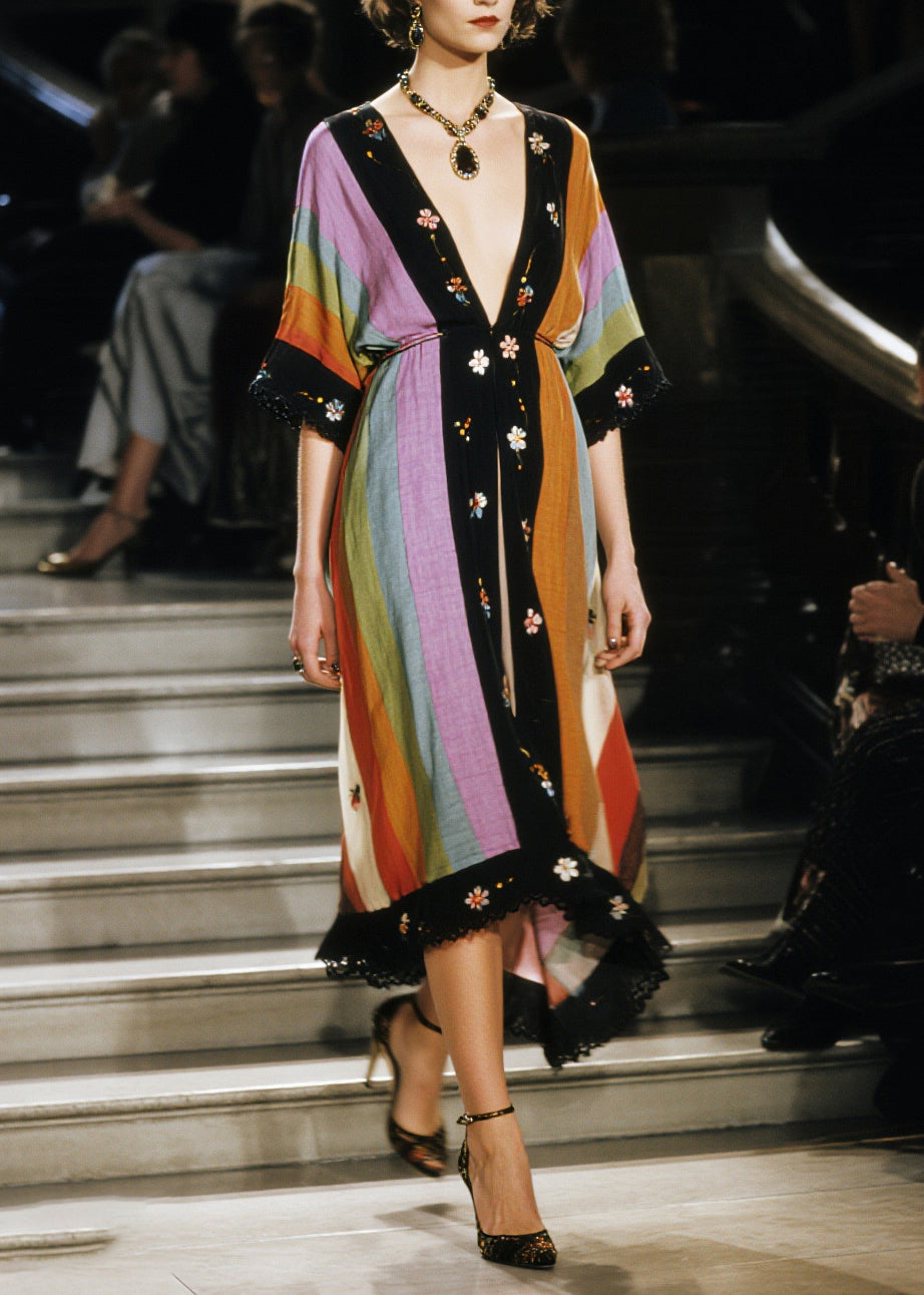 Bohemian Colorblock V Neck Patchwork Cotton Cardigans Half Sleeve