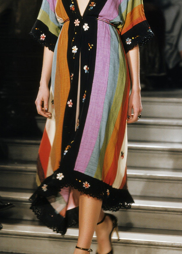 Bohemian Colorblock V Neck Patchwork Cotton Cardigans Half Sleeve