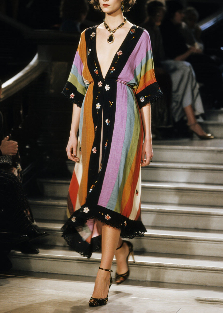 Bohemian Colorblock V Neck Patchwork Cotton Cardigans Half Sleeve