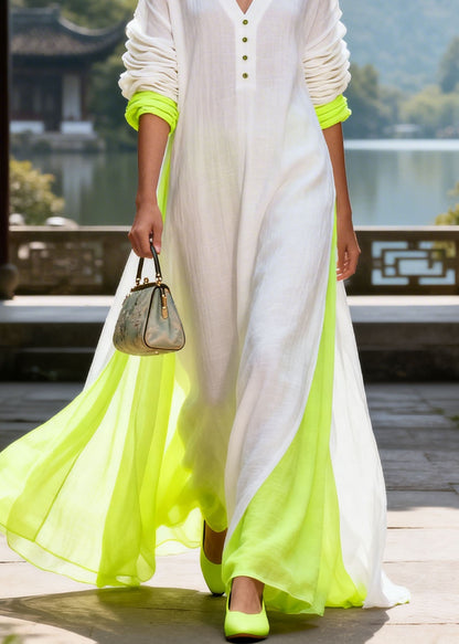 Bohemian Colorblock V Neck Patchwork Cotton Long Dress Summer