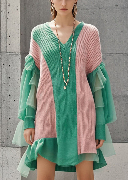 Bohemian Colorblock V Neck Patchwork Tulle Knitwear Dress Fall