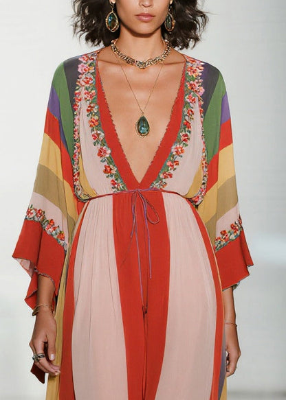 Bohemian Colorblock V Neck Print Chiffon Holiday Dress Summer