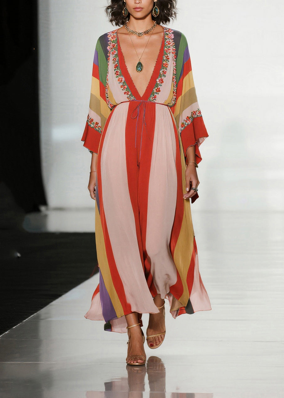 Bohemian Colorblock V Neck Print Chiffon Holiday Dress Summer