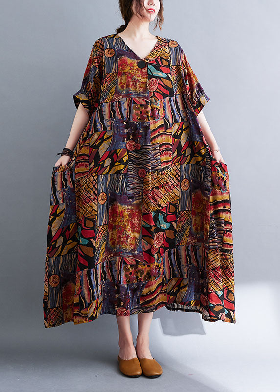Bohemian Colorblock V Neck Print Cotton Maxi Dresses Short Sleeve