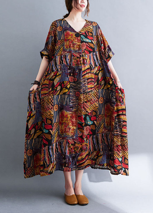Bohemian Colorblock V Neck Print Cotton Maxi Dresses Short Sleeve