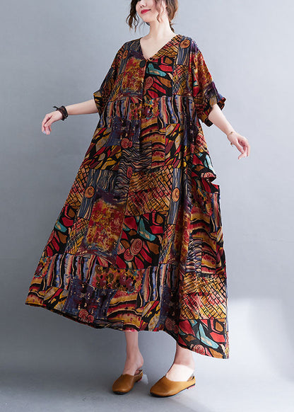 Bohemian Colorblock V Neck Print Cotton Maxi Dresses Short Sleeve