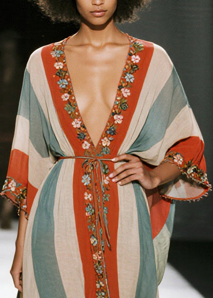 Bohemian Colorblock V Neck Striped Cotton Tunic Dresses Summer