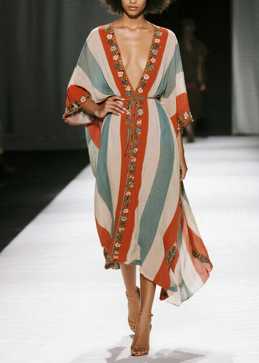 Bohemian Colorblock V Neck Striped Cotton Tunic Dresses Summer