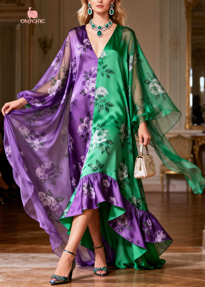 Bohemian ColorblockC Asymmetrical Patchwork Silk Holiday Dress Summer