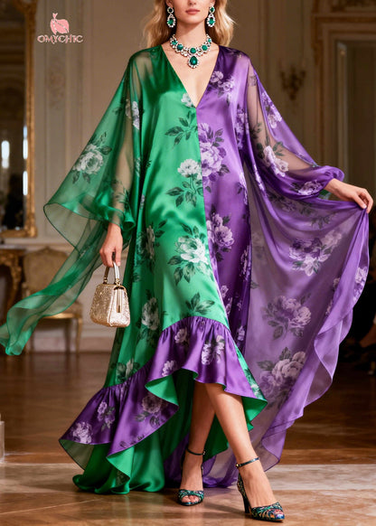 Bohemian ColorblockC Asymmetrical Patchwork Silk Holiday Dress Summer