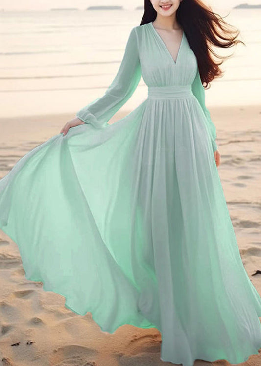 Bohemian Cyan V Neck Tunic Solid Chiffon Maxi Dresses Lantern Sleeve