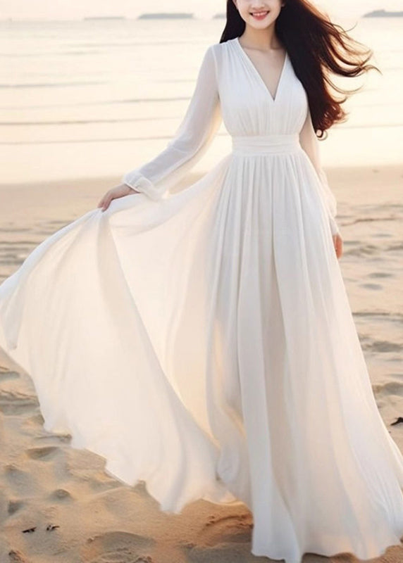 Bohemian Cyan V Neck Tunic Solid Chiffon Maxi Dresses Lantern Sleeve