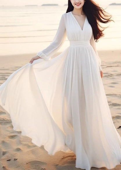 Bohemian Cyan V Neck Tunic Solid Chiffon Maxi Dresses Lantern Sleeve