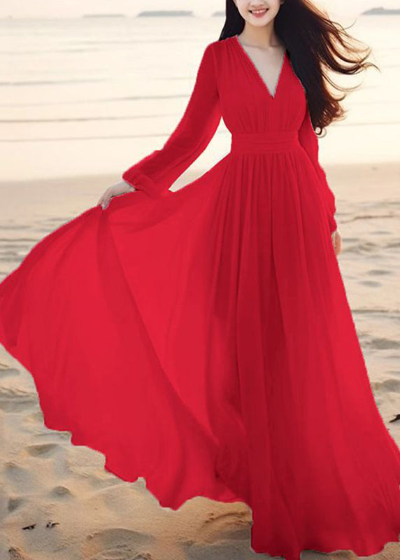 Bohemian Cyan V Neck Tunic Solid Chiffon Maxi Dresses Lantern Sleeve