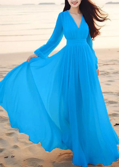 Bohemian Cyan V Neck Tunic Solid Chiffon Maxi Dresses Lantern Sleeve