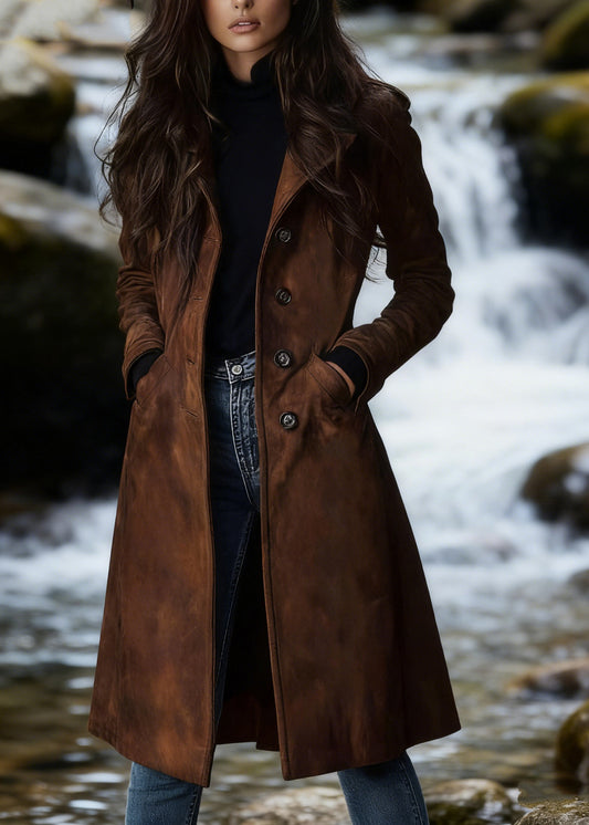 Bohemian Dark Brown Peter Pan Collar Pockets Faux Suede Coat Spring