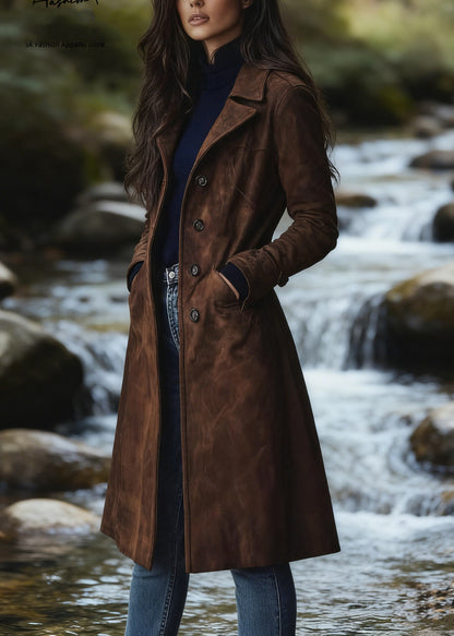 Bohemian Dark Brown Peter Pan Collar Pockets Faux Suede Coat Spring