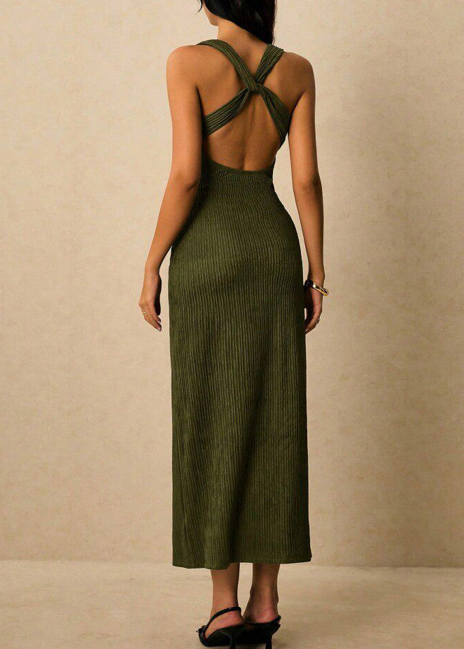 Bohemian Dull Green Backless Cross Strap Cotton Party Dress Summer
