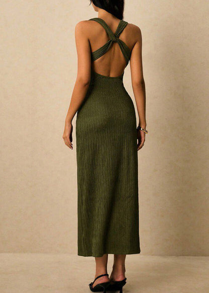 Bohemian Dull Green Backless Cross Strap Cotton Party Dress Summer
