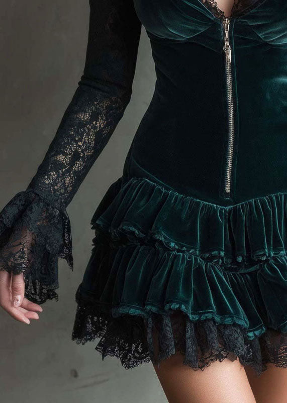 Bohemian Dull Green Zip Up Lace Patchwork Silk Velvet Dress Flare Sleeve