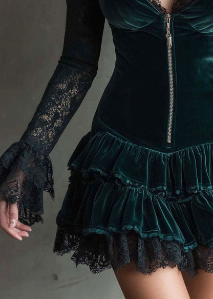 Bohemian Dull Green Zip Up Lace Patchwork Silk Velvet Dress Flare Sleeve