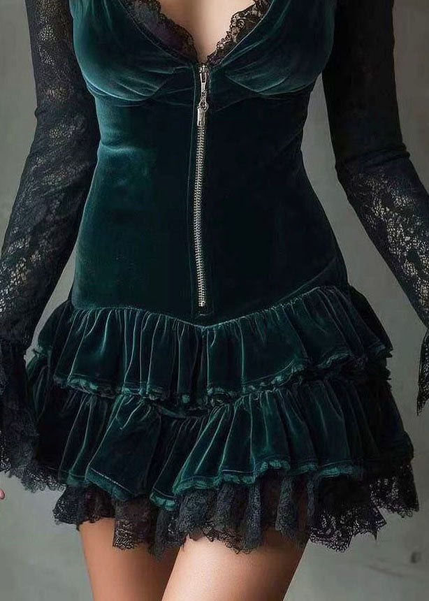Bohemian Dull Green Zip Up Lace Patchwork Silk Velvet Dress Flare Sleeve