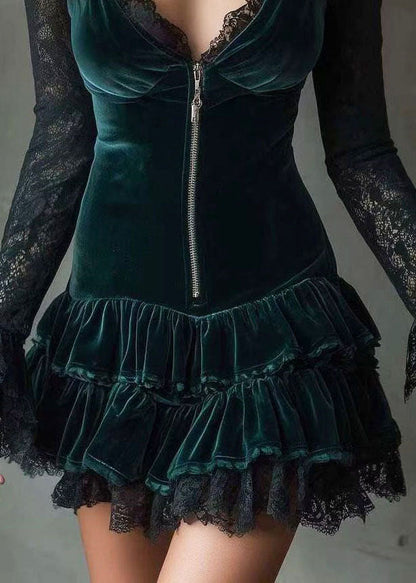 Bohemian Dull Green Zip Up Lace Patchwork Silk Velvet Dress Flare Sleeve