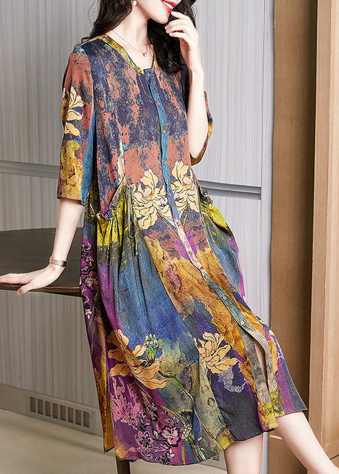 Bohemian Floral Pockets Wrinkled Patchwork Silk Dress Summer