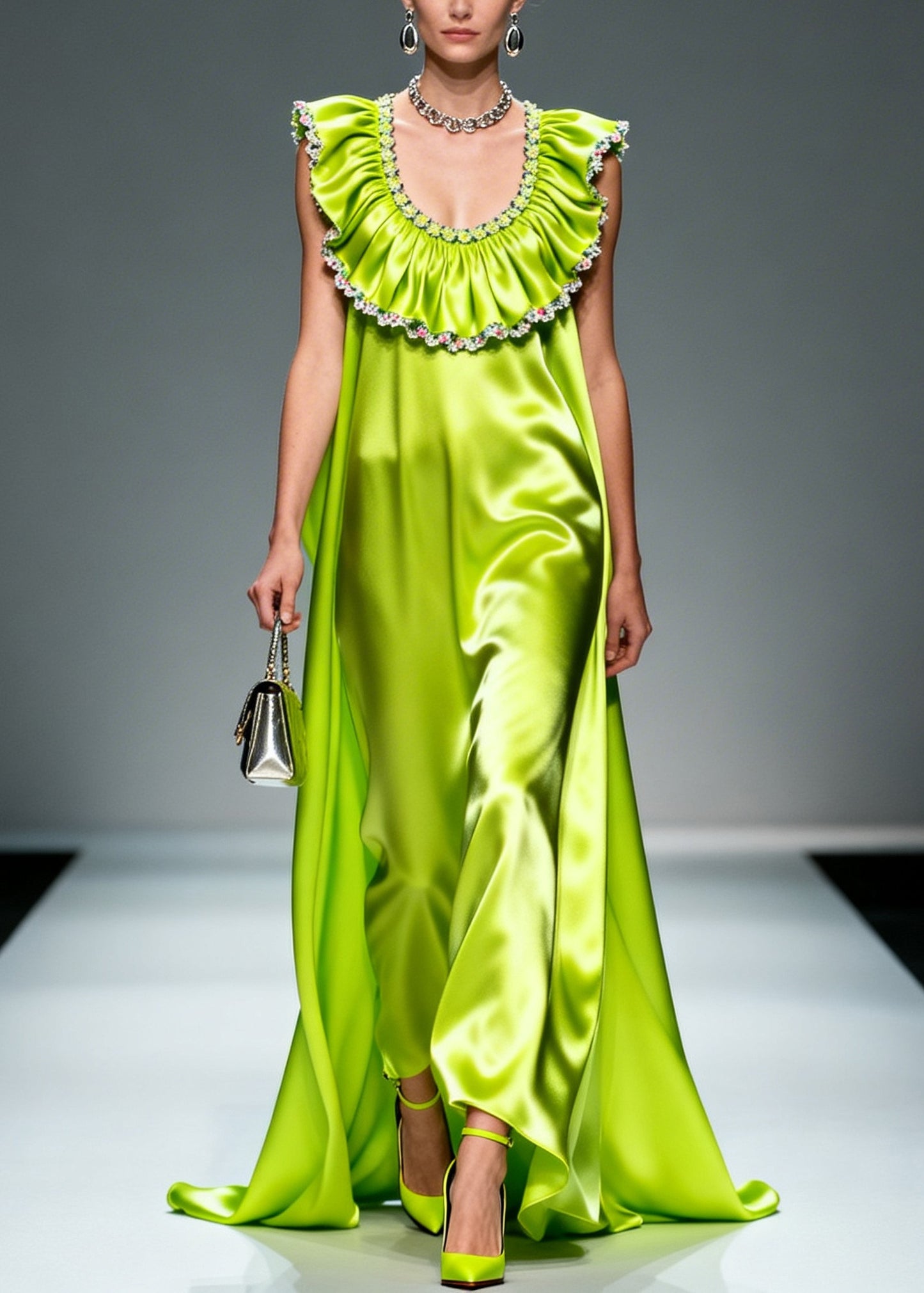 Bohemian Fluorescent Green Ruffled Exra Large Hem Silk Maxi Dresses Sleeveless